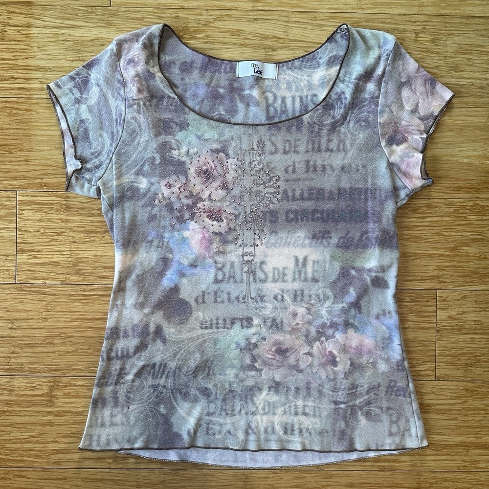 VTG Y2K Lee Cap Sleeve Women's Fairycore Cottagecore Rhinestone Floral Top SZ L - Picture 1 of 6